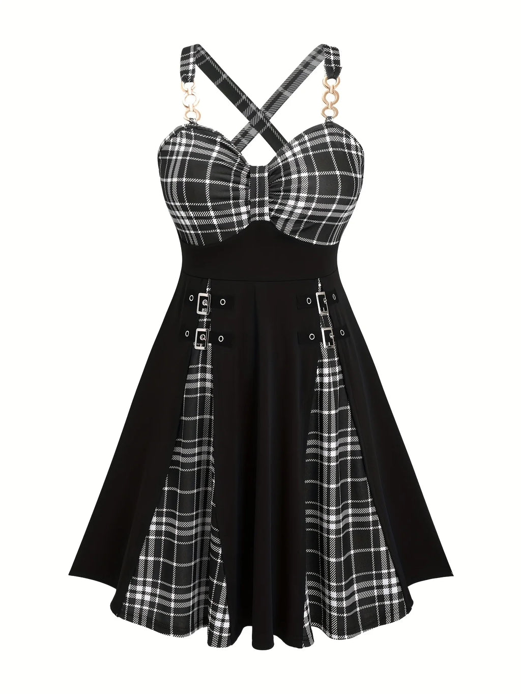 Scene Plus-Size Plaid Crisscross-Strap Mini Dress with Buckle Details