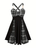 Scene Plus-Size Plaid Crisscross-Strap Mini Dress with Buckle Details