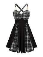 Scene Plus-Size Plaid Crisscross-Strap Mini Dress with Buckle Details
