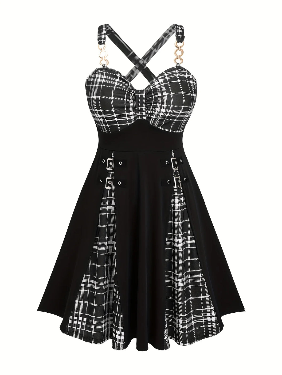Scene Plus-Size Plaid Crisscross-Strap Mini Dress with Buckle Details