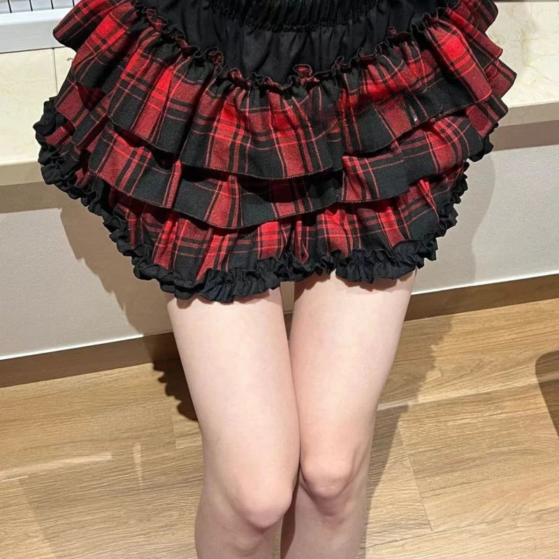 Scene Red Plaid Lace-Trim Ruffle Mini Skirt