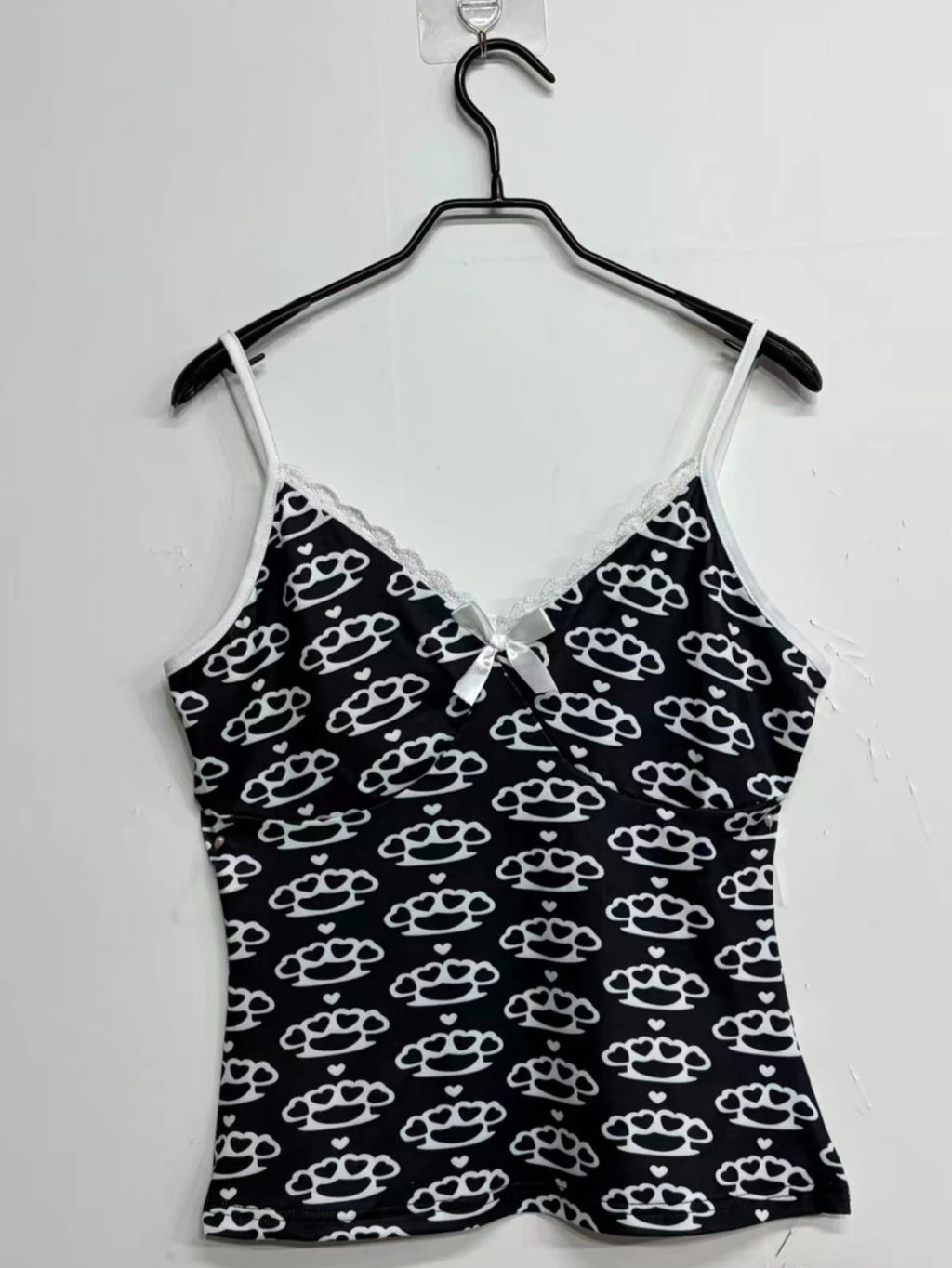 Scene Black Pattern Camisole Top with Lace Trim and Bow