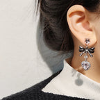 Scene Pink Rhinestone Bow and Heart Drop Earrings