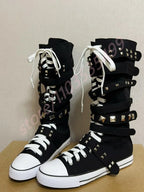 Scene Black Canvas Mid-Calf Lace-Up Boots with Studded Straps