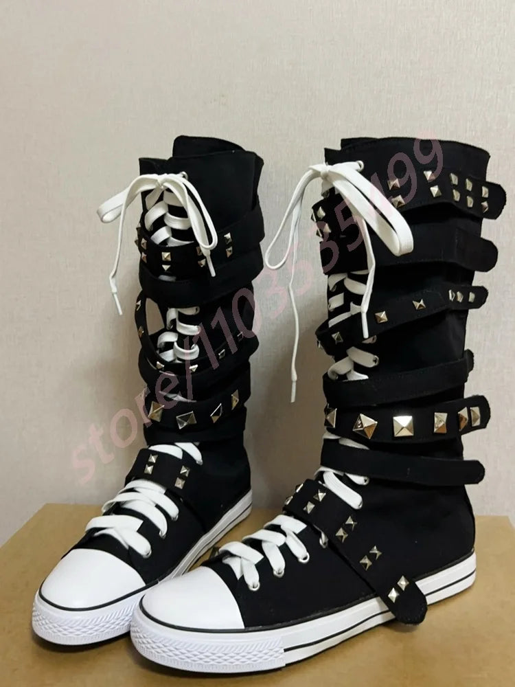 Scene Black Canvas Mid-Calf Lace-Up Boots with Studded Straps