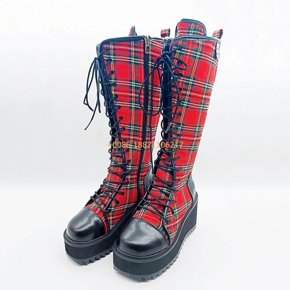 Scene Red Plaid Knee-High Lace-Up Platform Boots