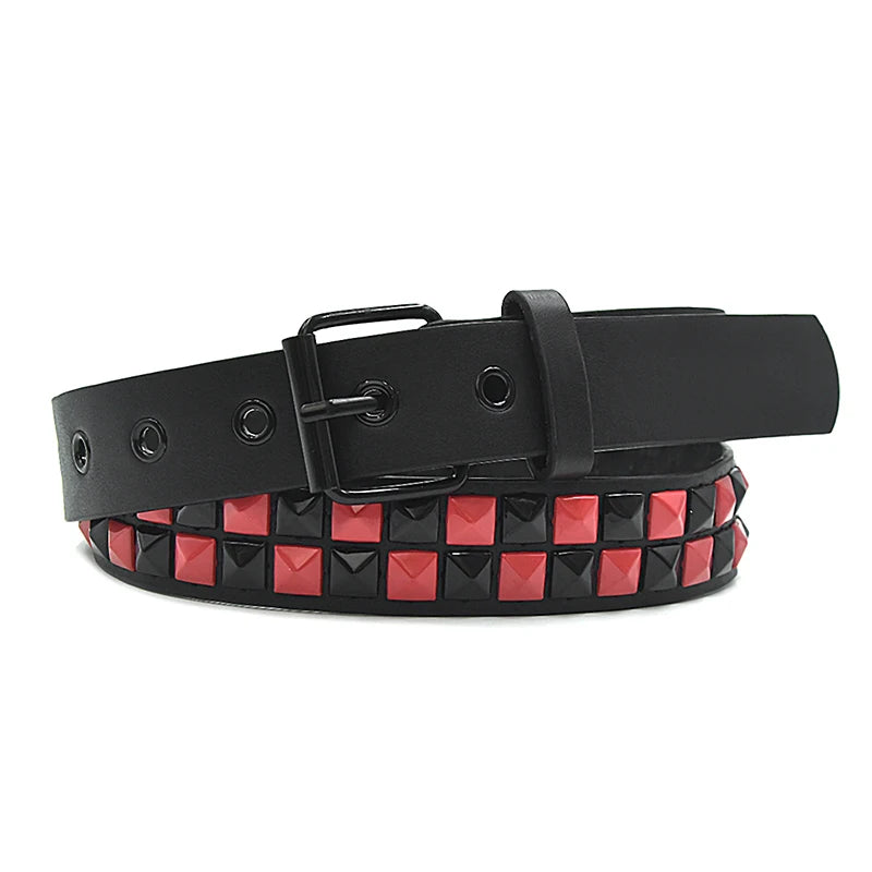 Scene Pyramid Stud PU Belt with Square Rivets – Black with Red, White or Purple Accents