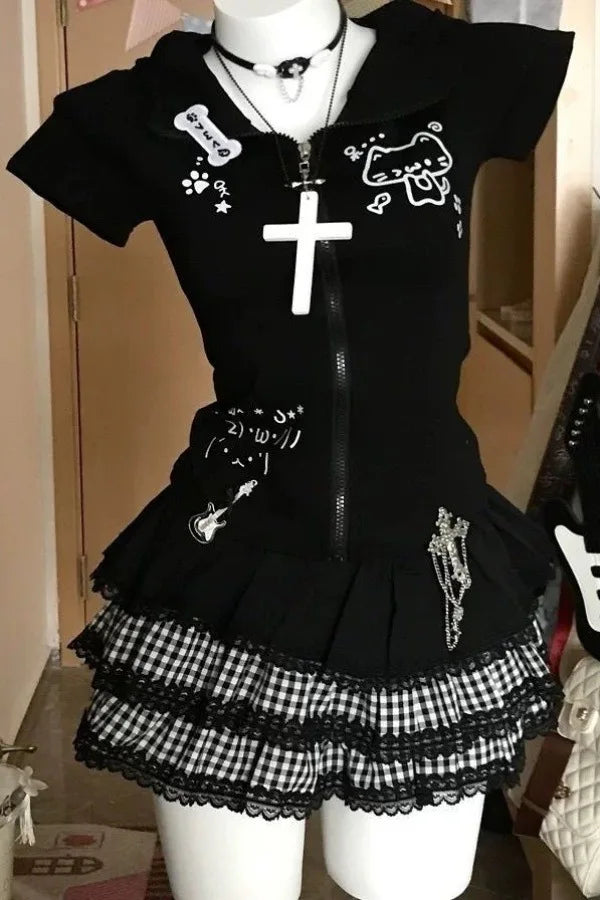 Scene Black Plaid Lace-Trim Mini Skirt with Layered Ruffles