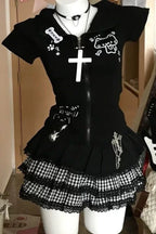 Scene Black Plaid Lace-Trim Mini Skirt with Layered Ruffles