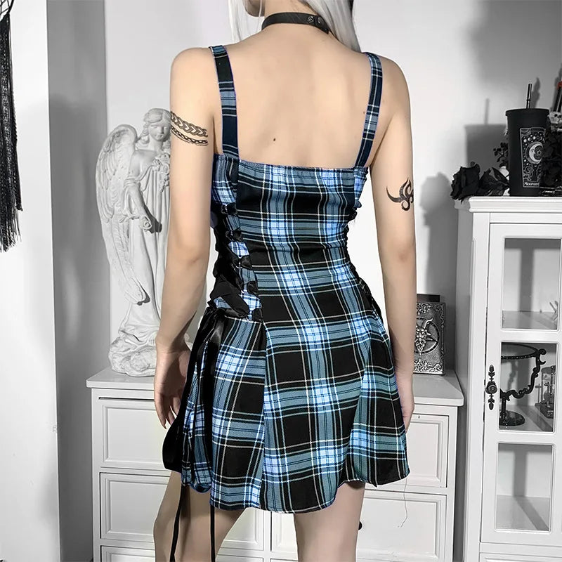 Scene Blue Plaid Lace-Up Mini Dress with Front Zipper