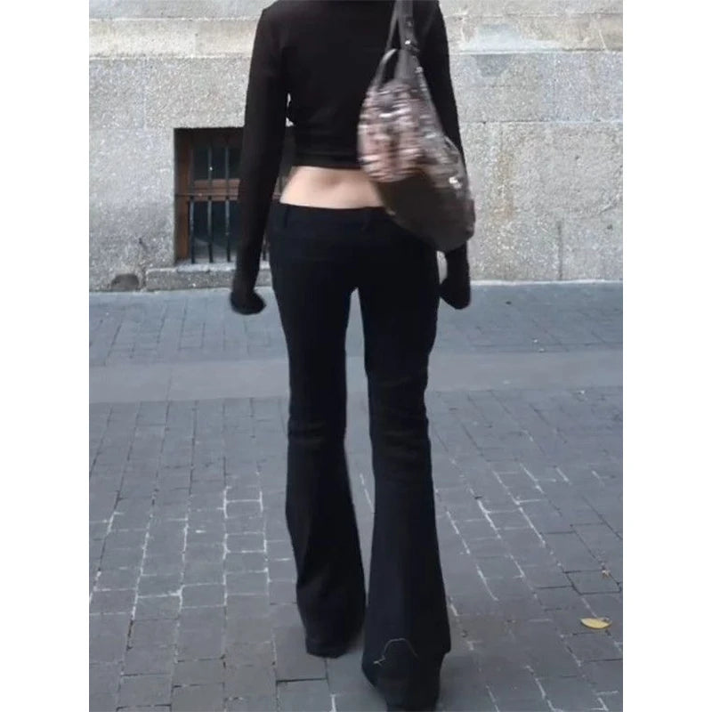 Scene Women's Black Low-Rise Flared Jeans with Rivet Detail