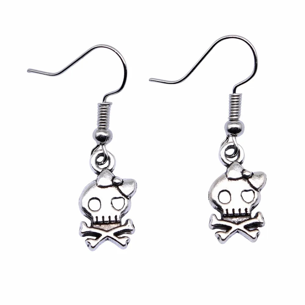 Scene Antique Silver Skull and Bow Drop Earrings