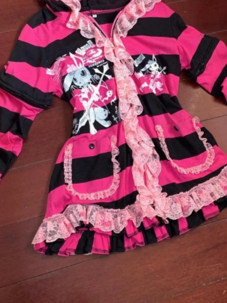 Scene Pink and Black Striped Lace-Trim Hooded Jacket