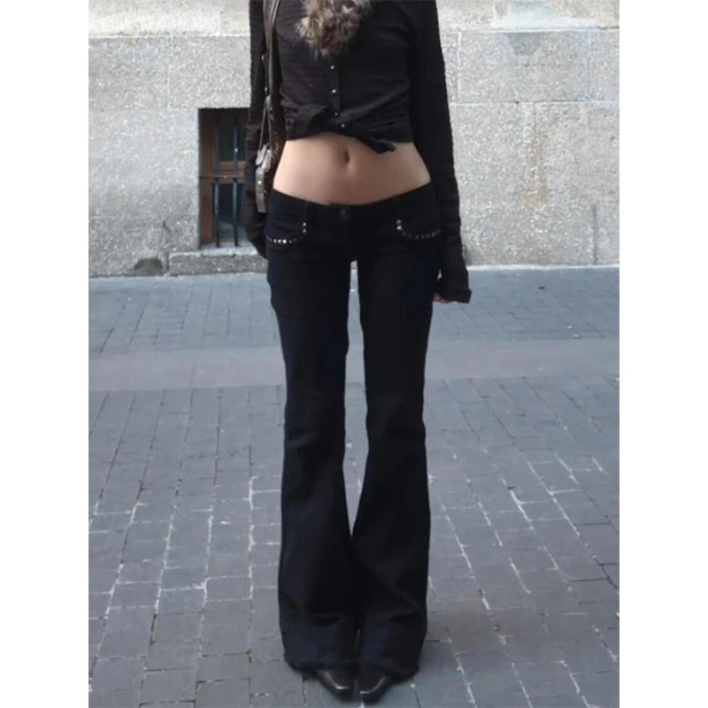 Scene Women's Black Low-Rise Flared Jeans with Rivet Detail