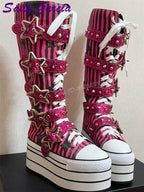 Scene Rose Red Striped Knee-High Platform Boots with Star Buckle Straps