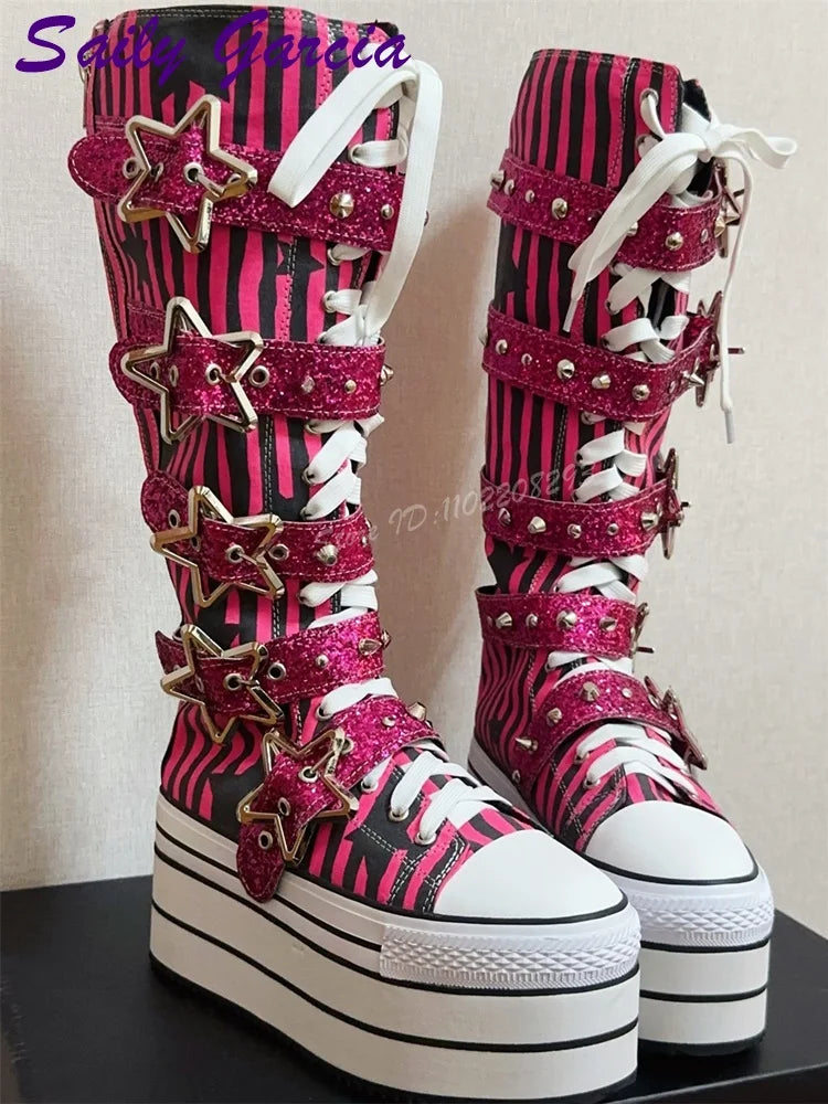 Scene Rose Red Striped Knee-High Platform Boots with Star Buckle Straps