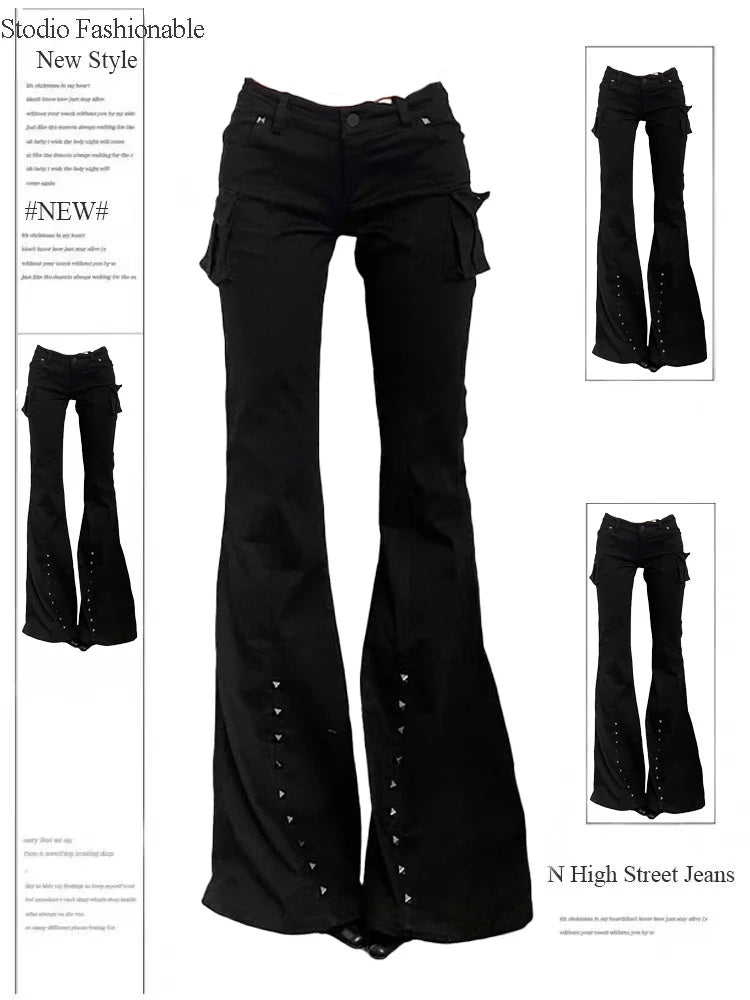 Scene Women's Black Low-Rise Flare Jeans with Cargo Pockets