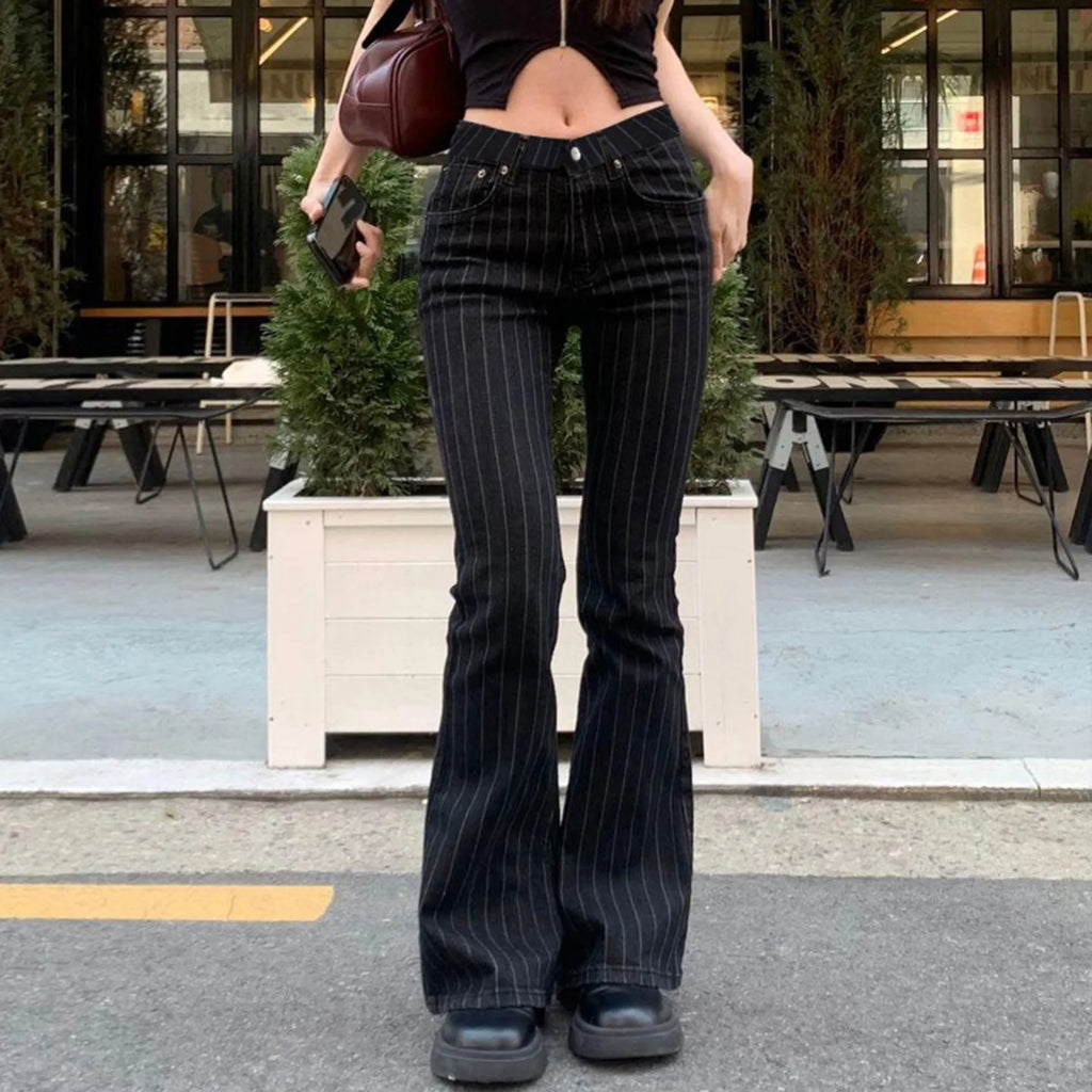 Scene Women’s Black Pinstripe Low-Rise Bootcut Jeans