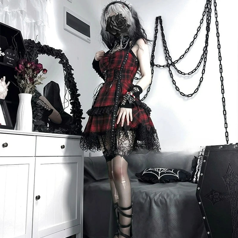 Scene Gothic Plaid Lace-Trim Mini Dress