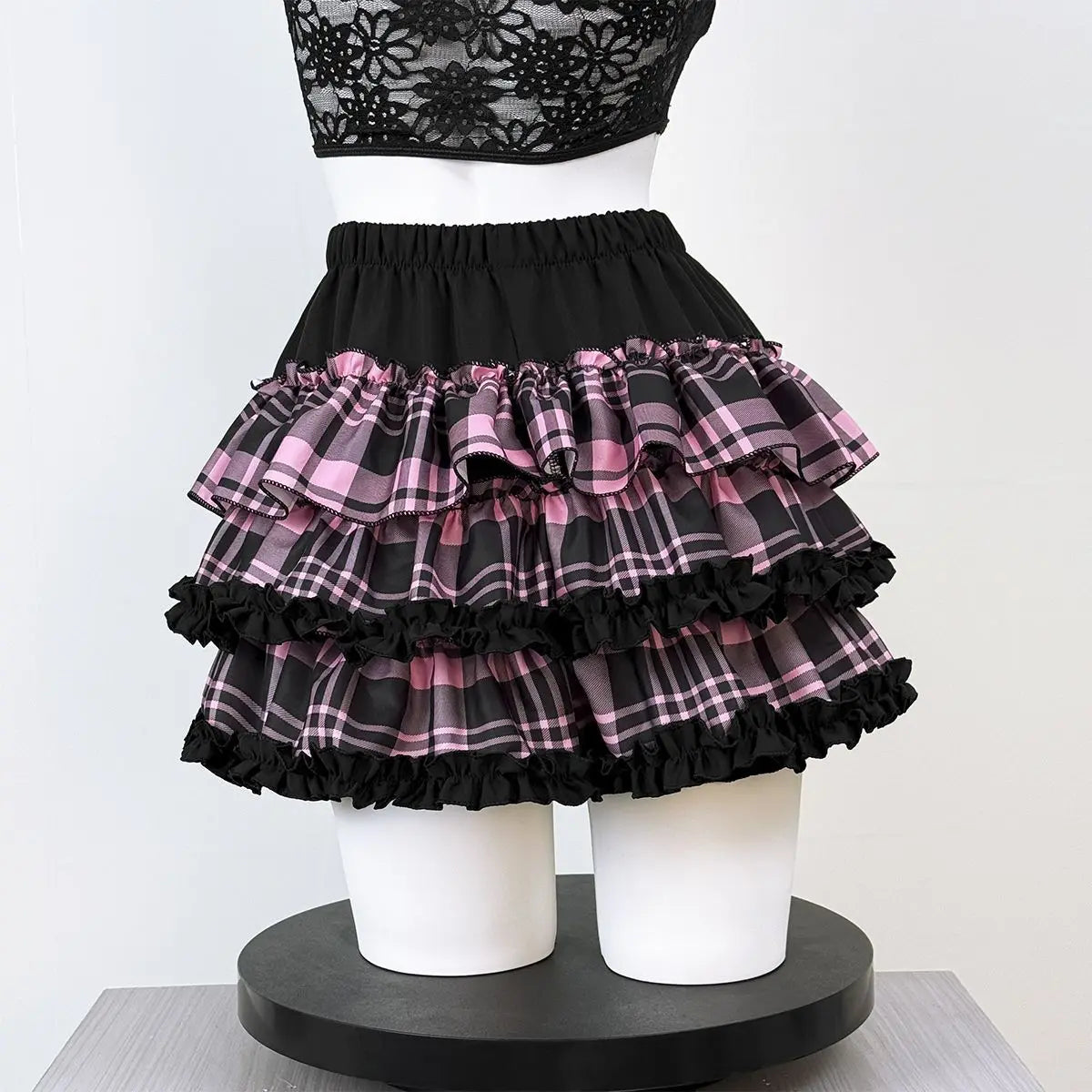 Scene Black and Pink Plaid Ruffle Layered Mini Skirt