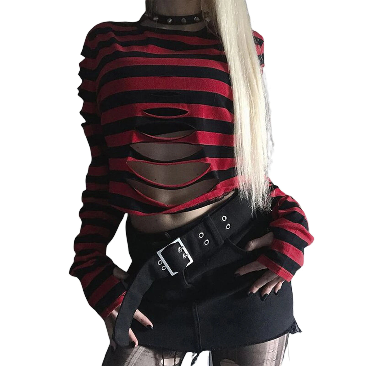 Scene Women's Striped Cutout Long-Sleeve Crop Top
