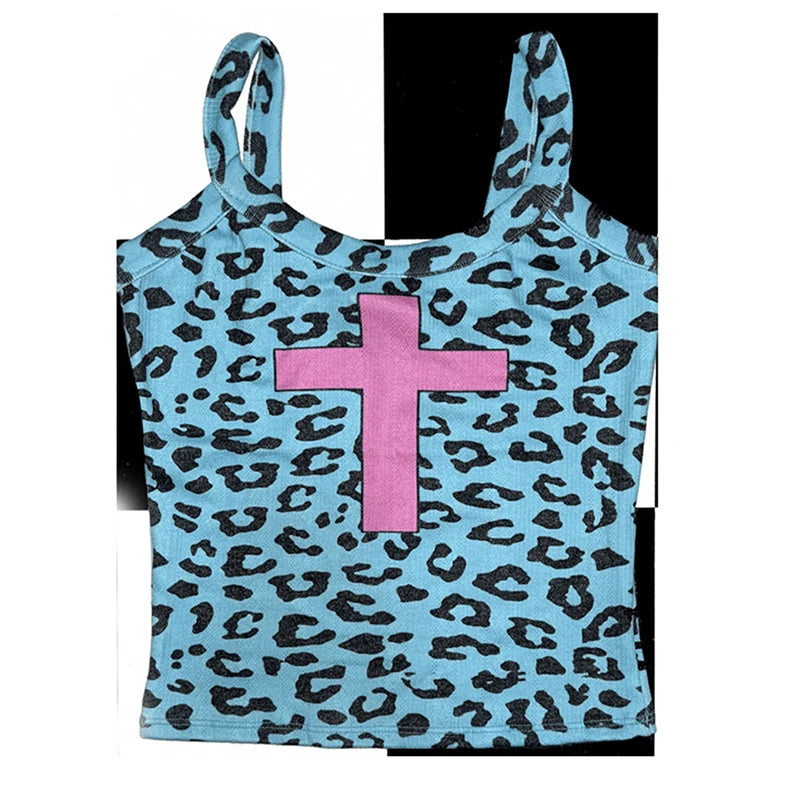 Scene Blue Leopard Print Camisole with Pink Cross
