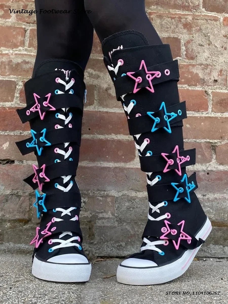 Scene Black Canvas Star-Buckle Knee-High Boots