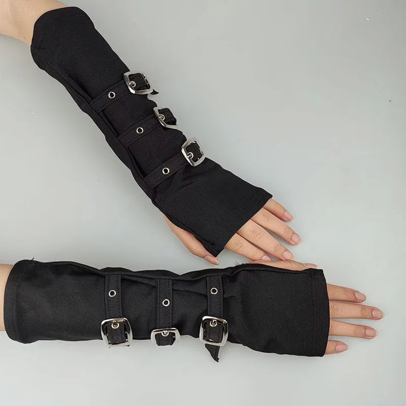 Scene Black Fingerless Gloves with Triple Buckle Straps
