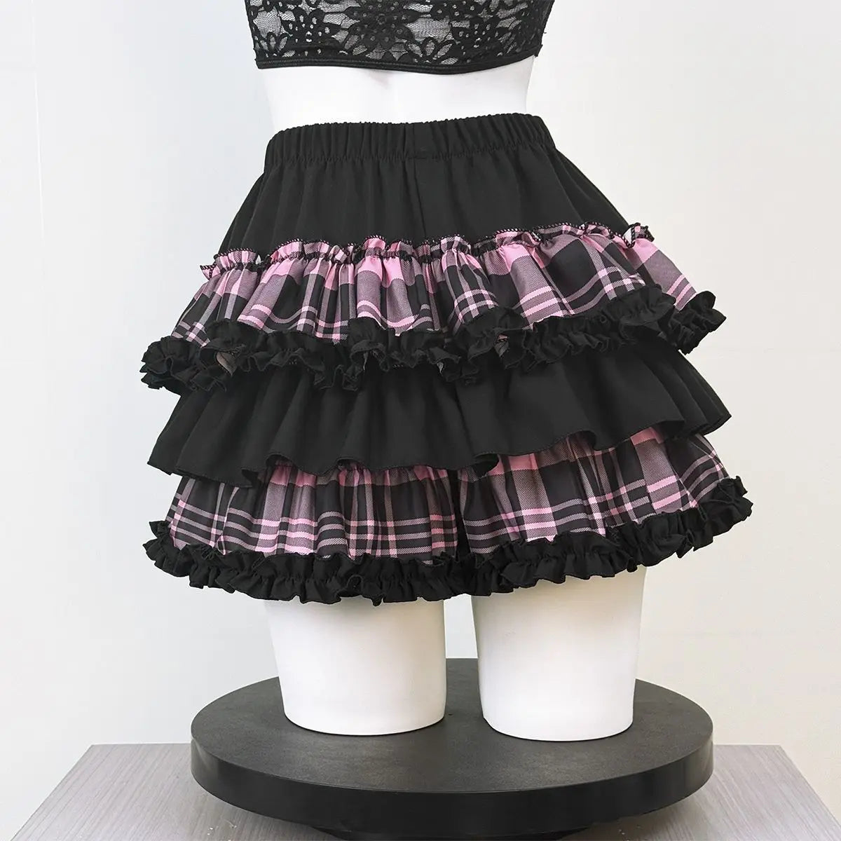 Scene Black and Pink Plaid Ruffle Layered Mini Skirt