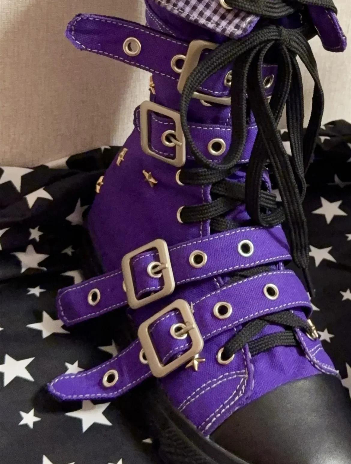 Scene Punk Canvas Ankle Boots with Buckle Straps and Star Details