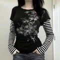Scene Women's Black Floral Print Layered-Look T-Shirt with Striped Sleeves