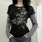 Scene Women's Black Floral Print Layered-Look T-Shirt with Striped Sleeves