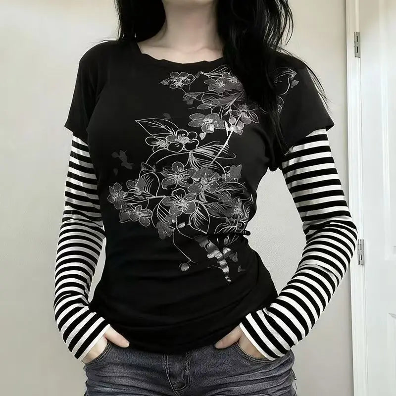 Scene Women's Black Floral Print Layered-Look T-Shirt with Striped Sleeves