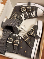 Scene Punk Canvas Ankle Boots with Buckle Straps and Star Details