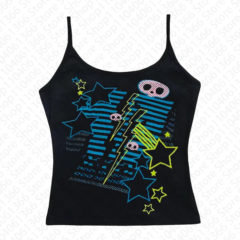 Scene Graphic Print Black Top with Geometric Design