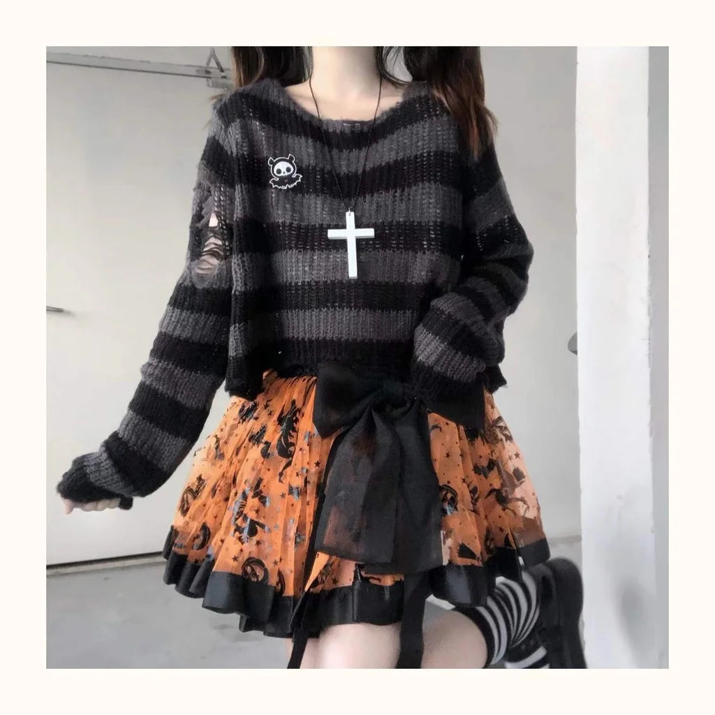 Scene Striped Distressed Knit Pullover Sweater