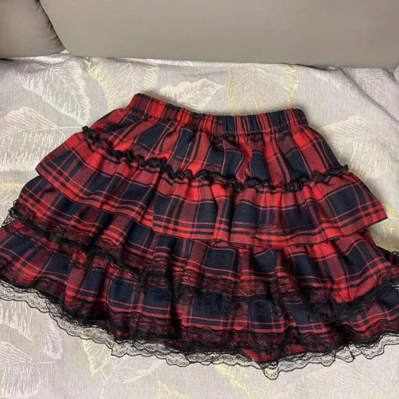 Scene Gothic Y2K Lace-Trimmed Layered Ruffle Mini Skirt