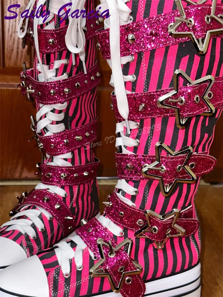 Scene Rose Red Striped Knee-High Platform Boots with Star Buckle Straps