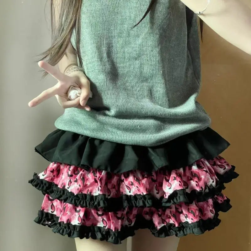 Scene Pink Leopard Print Layered Mini Skirt with Ruffle Trim