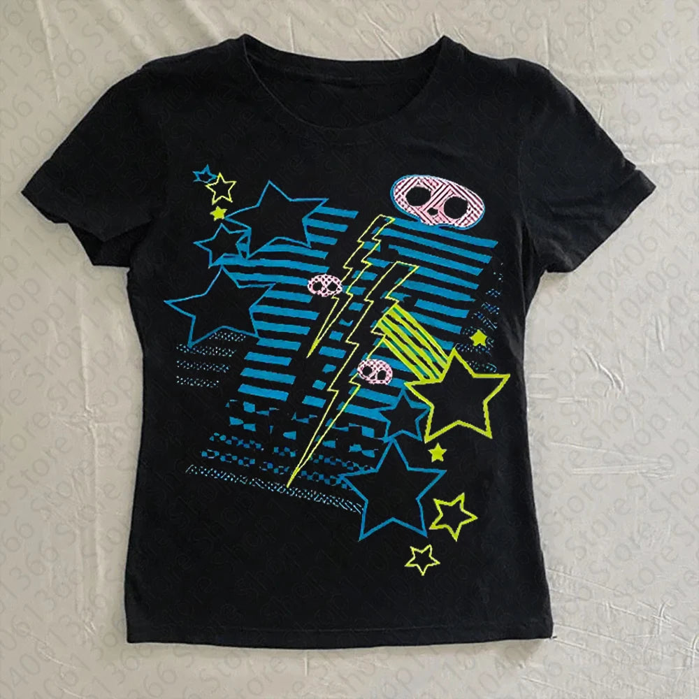 Scene Graphic Print Black Top with Geometric Design