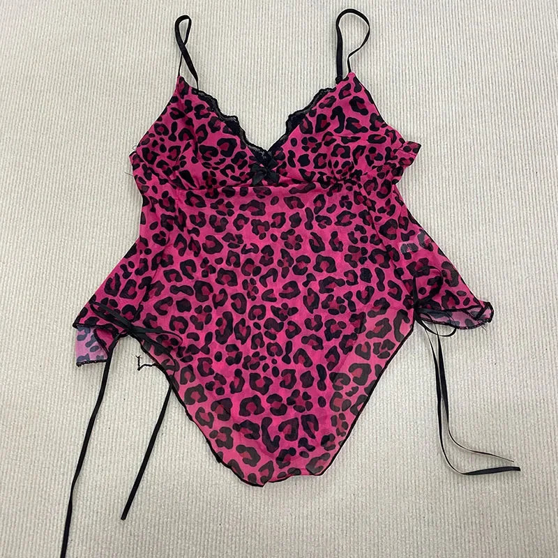 Scene Pink Leopard Print Lace-Trim Camisole Top
