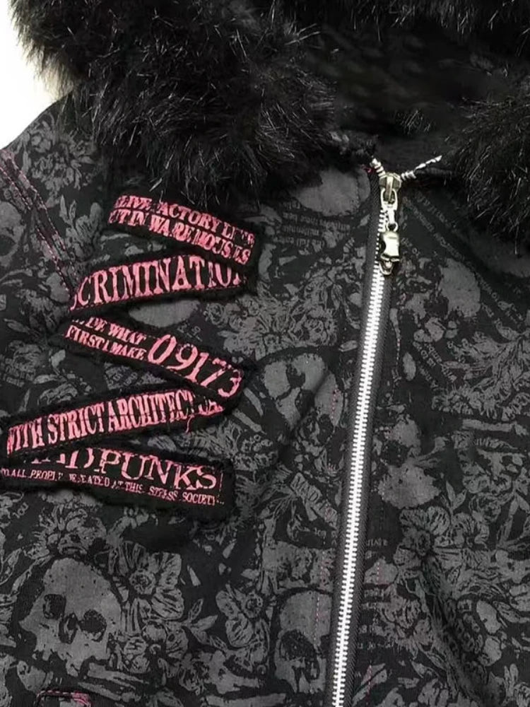 Scene Women's Skull Print Hooded Jacket with Faux-Fur Trim