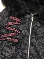 Scene Women's Skull Print Hooded Jacket with Faux-Fur Trim