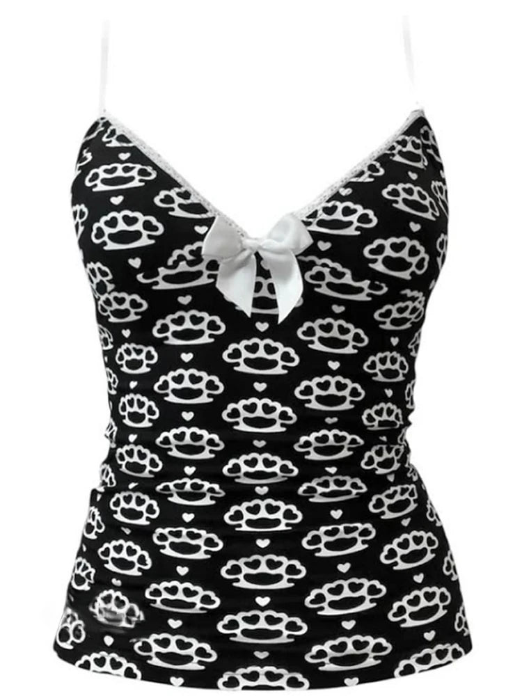 Scene Black Pattern Camisole Top with Lace Trim and Bow