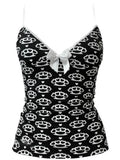 Scene Black Pattern Camisole Top with Lace Trim and Bow