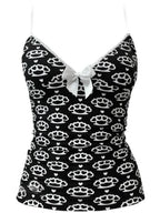 Scene Black Pattern Camisole Top with Lace Trim and Bow