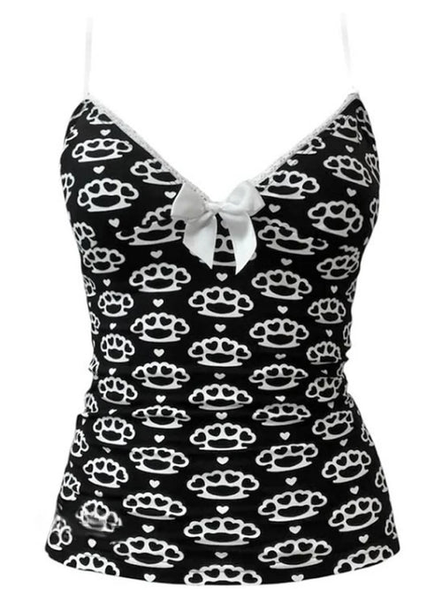 Scene Black Pattern Camisole Top with Lace Trim and Bow