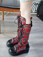 Scene Red Plaid Knee-High Lace-Up Platform Boots
