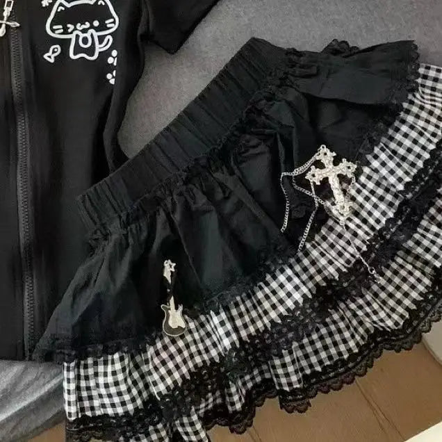 Scene Black Plaid Lace-Trim Mini Skirt with Layered Ruffles