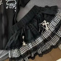 Scene Black Plaid Lace-Trim Mini Skirt with Layered Ruffles